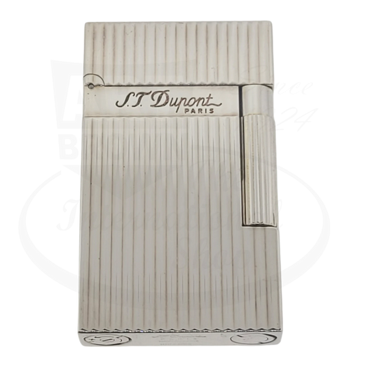 S.T. Dupont Ligne 2 016817-D4 silver brass luxury lighter featuring vertical line pattern and classic brand engraving, display model with pristine mechanism