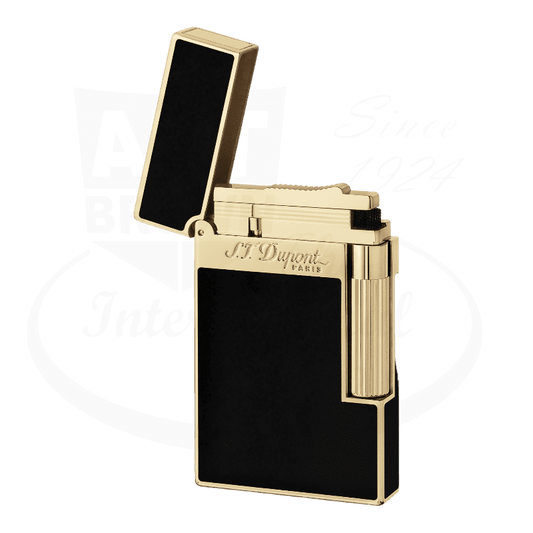 S.T. Dupont Ligne 2 Black and Gold Natural Lacquer Lighter 016884 black lacquer with yellow gold trim and flip-open cap