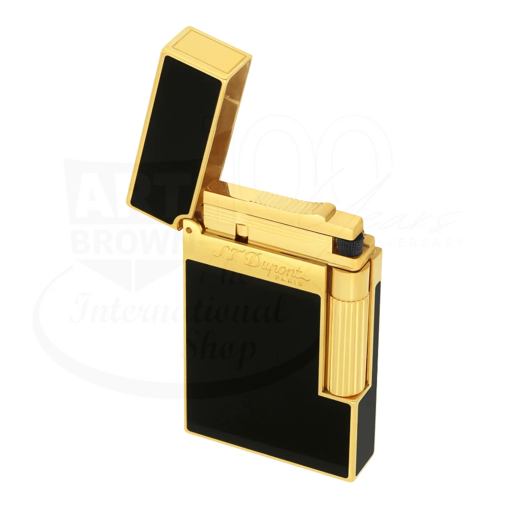 S.T. Dupont Ligne 2 Black and Gold Natural Lacquer Lighter, 016884, black lacquer with gold trim, open view square shot