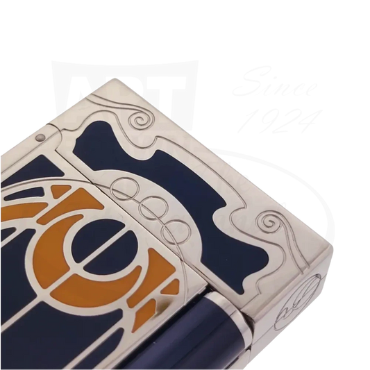 S.T. Dupont Ligne 2 Limited Edition 016960 lighter with Chinese blue, orange lacquer, and palladium Art Nouveau design