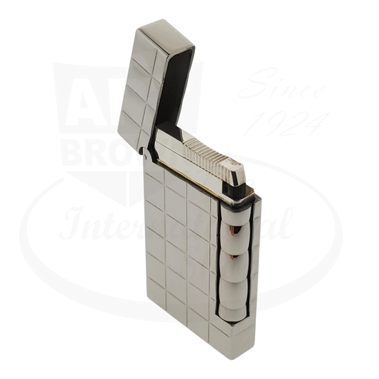 S.T. Dupont Line D Lighter with palladium finish quilted pattern, seen from the front with lid opened.