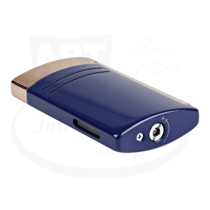 S.T. Dupont Maxijet 020173 metal lighter in blue lacquer with rose gold trim, featuring dragon scale guilloche pattern and compact design