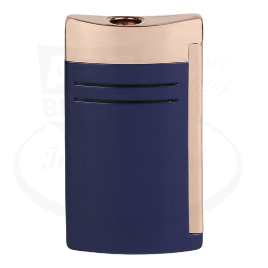 S.T. Dupont Maxijet 020173 metal lighter in navy blue lacquer with rose gold accents, featuring sleek parallel lines and curved top design