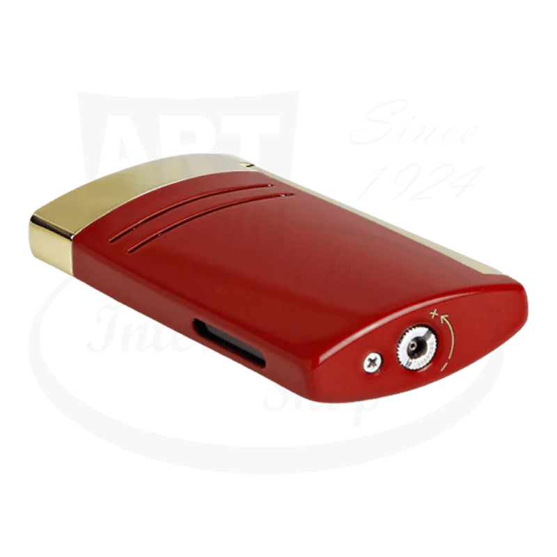 S.T. Dupont Maxijet 020174 chrome-lacquer lighter in burgundy red with golden finish, featuring sleek curved design and torch flame functionality