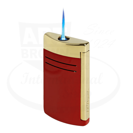 S.T. Dupont Maxijet 020174 chrome-lacquer lighter in burgundy and gold finish with blue torch flame, sleek curved design