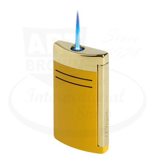 S.T. Dupont Maxijet 020175 chrome-lacquer lighter in honey gold finish with blue torch flame, sleek curved design and side grooves