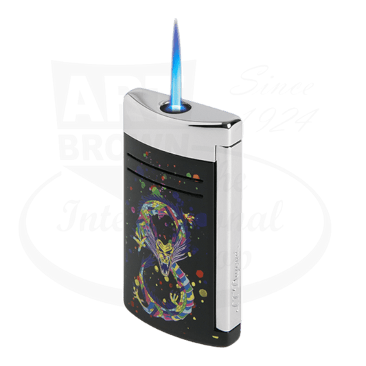 S.T. Dupont Maxijet Dragon 020177 metal lighter in black and chrome finish featuring colorful dragon artwork with blue torch flame, part of Limited Edition series