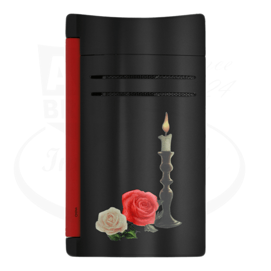 S.T. Dupont Maxijet Memento Mori 020394 black metal torch lighter featuring rose and candle artwork on matte black body with red accent panel