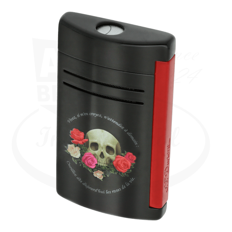 S.T. Dupont Maxijet Memento Mori 020394 metal black torch lighter with engraved skull and roses design, red accent panel, curved top