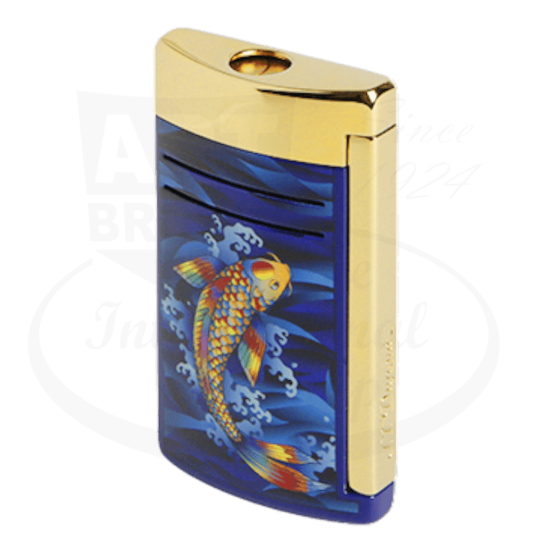 S.T. Dupont Maxijet 020397 brass lighter with shiny gold finish and blue lacquer panel featuring Japanese koi fish woodblock art design