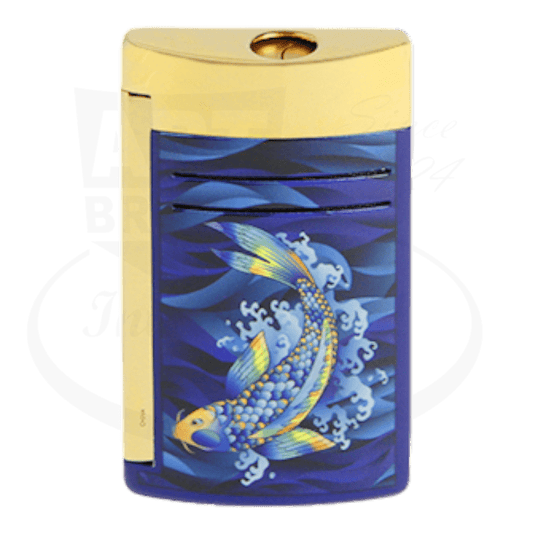 S.T. Dupont Maxijet 020397 brass lighter featuring Japanese koi fish design in blue and gold, decorative waves on lacquered surface
