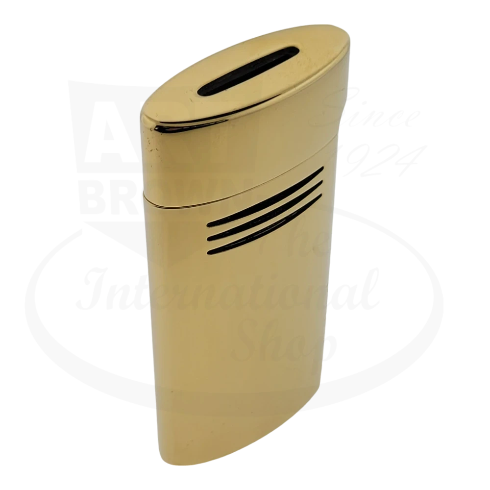 S.T. Dupont Megajet 020816-D1 gold-plated chrome luxury lighter featuring sleek oval design with three horizontal vents and angled top flame opening