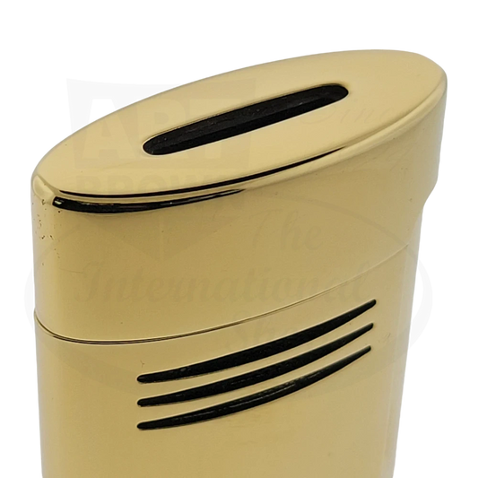 S.T. Dupont Megajet 020816-D1 gold-plated chrome lighter with sleek oval design, black vent lines, and curved top flame opening