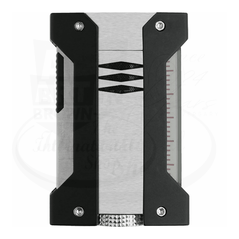 S.T. Dupont Defi Extreme 021403 torch flame lighter with brushed chrome body and black accents, metal and rubber materials
