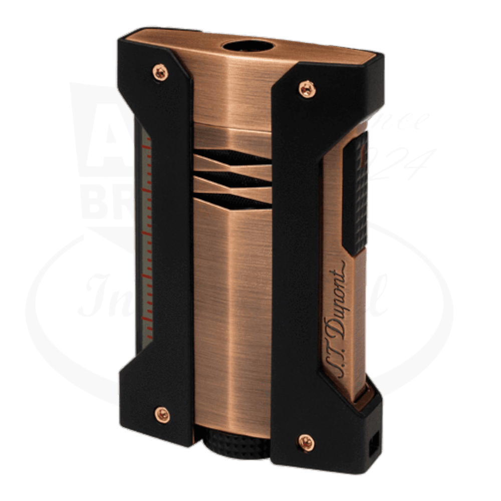 S.T. Dupont Defi Extreme Bronze Lighter 021407 copper body with black protective accents and diamond head pattern grips.