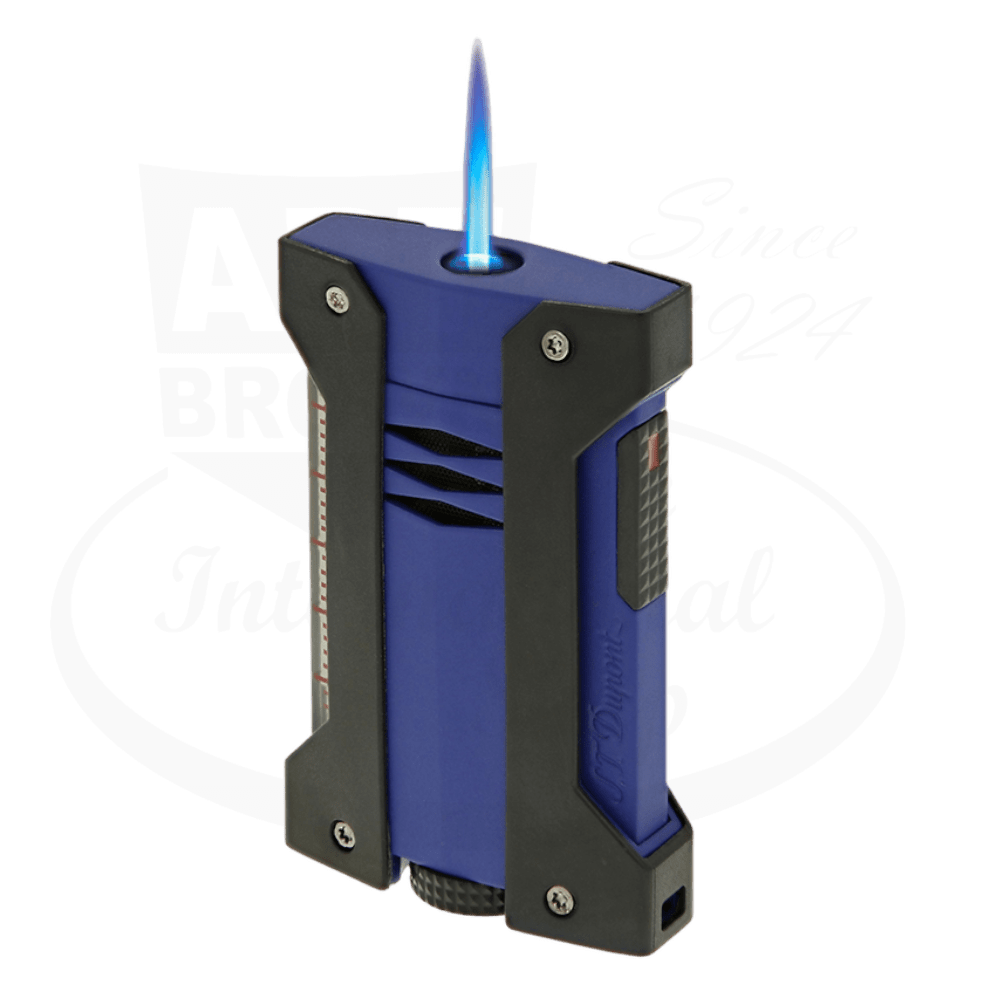 S.T. Dupont Defi Extreme 021461 chrome lighter in matte black and ocean blue with jet flame, sleek angular design and dual-side ignition
