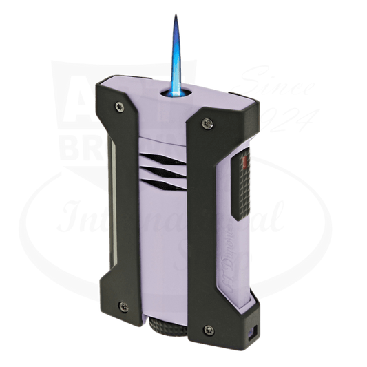 S.T. Dupont Defi Extreme 021465 chrome and matte black lighter with lilac accents, featuring jet flame torch and angular design