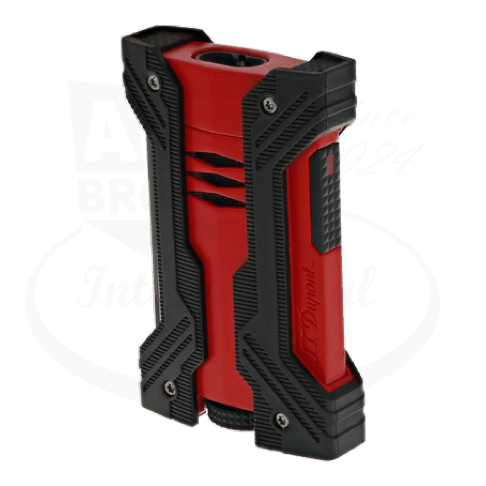 S.T. Dupont Defi XXtreme 021601 metal lighter in black and matte red, featuring dual-flame design with ergonomic ridged body and industrial-style grip panels