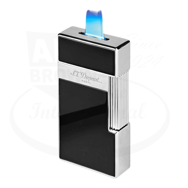 S.T. Dupont Biggy 025001 black lacquer and chrome metal lighter with blue torch flame, rectangular design with vertical ridges and diamond-point finish