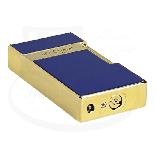 S.T. Dupont Biggy 025005 metal lighter in blue lacquer and gold finish featuring diamond-point design and torch flame mechanism