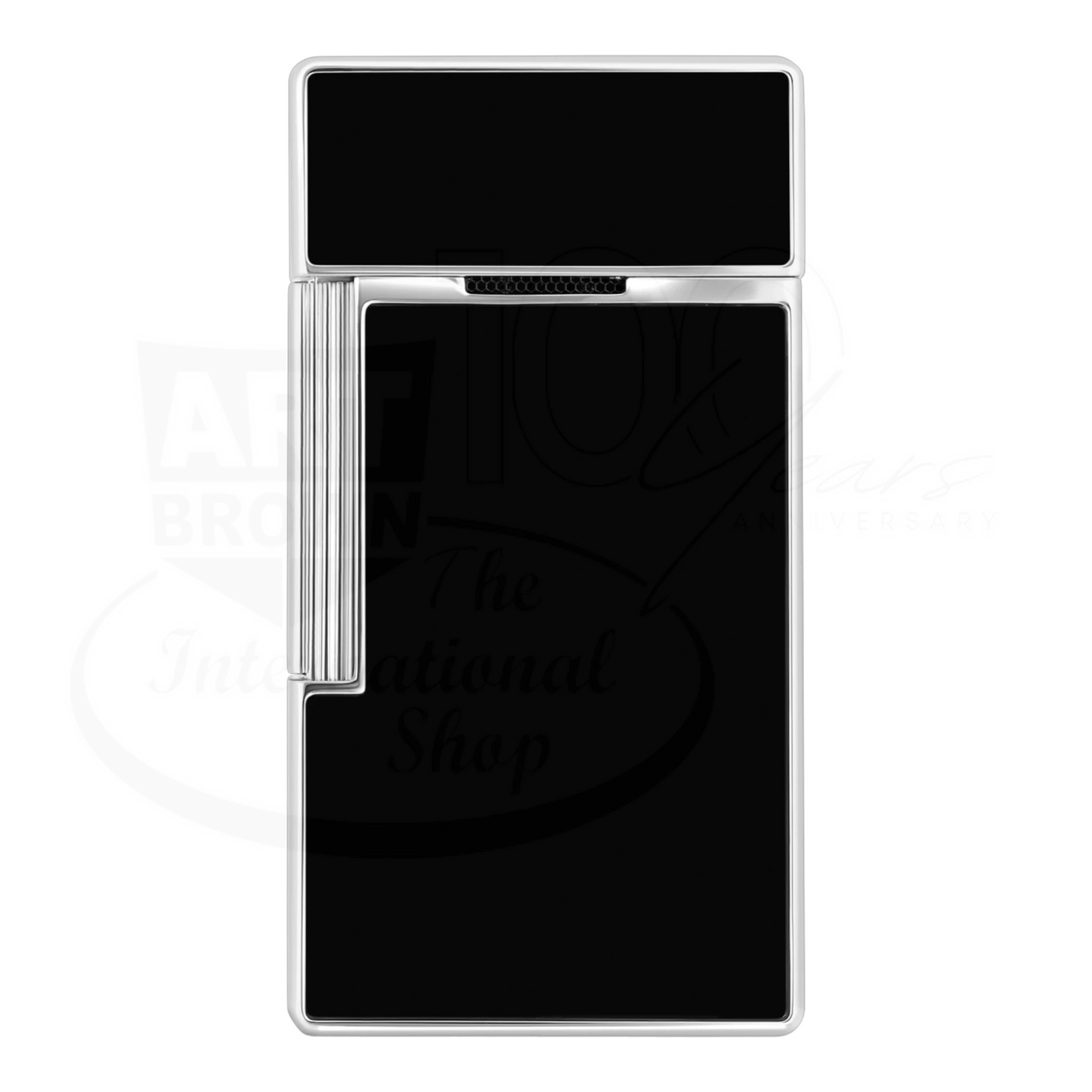 S.T. Dupont Biggy 025221 torch flame lighter with black lacquer panels and polished chrome frame close-up