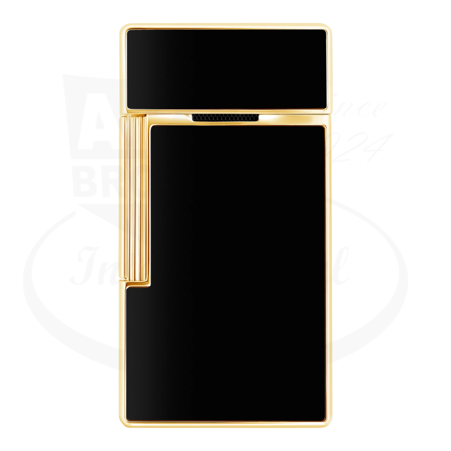 S.T. Dupont Biggy Black Lacquer & Gold Lighter, 025222, metal with black lacquer and gold frame, sleek rectangular design.
