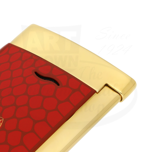 Close up of S.T. Dupont Slim 7 lighter with snake scale red lacquer, showing scale detail.