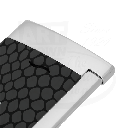 Closeup of snake scale motif on slim 7 black lighter.