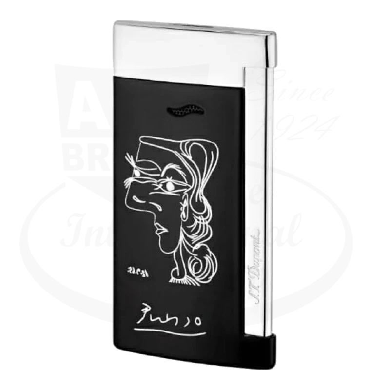 ST Dupont Slim 7 Picasso lighter in palladium finish with black lacquer panels featuring artistic line drawing, limited edition 027105