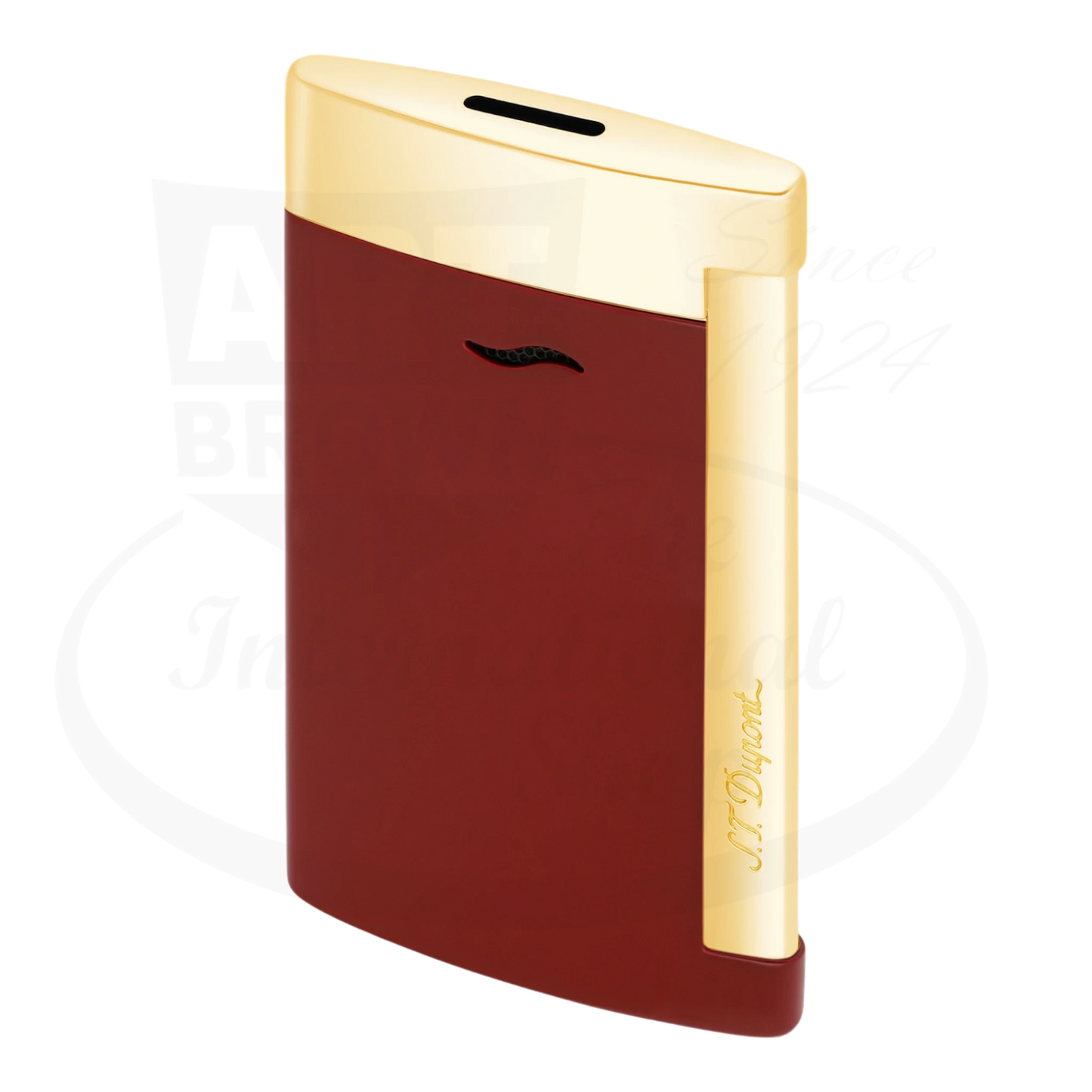 S.T. Dupont Slim 7 Lotus Red & Gold, 027707, slim metal lighter with red lacquer body and gold accents, torch flame igniter