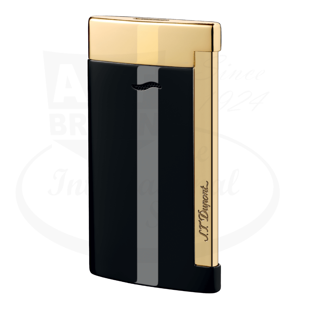 S.T. Dupont Slim 7 Black & Gold 027708 lacquered metal lighter with gold accents, ultra-thin sleek design