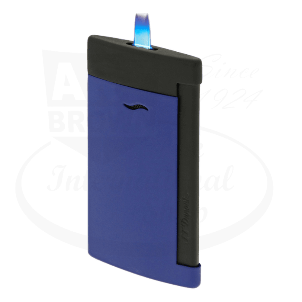 S.T. Dupont Slim 7 027761 lacquered metal lighter in matte black and ocean blue, featuring jet flame technology and sleek rectangular design