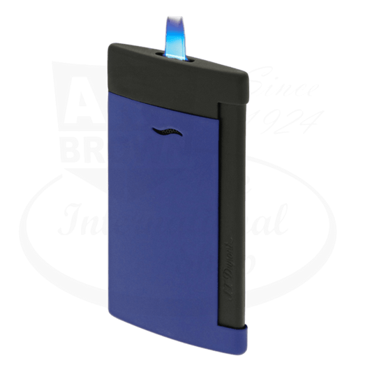 S.T. Dupont Slim 7 027761 lacquered metal lighter in matte black and ocean blue, featuring jet flame technology and sleek rectangular design