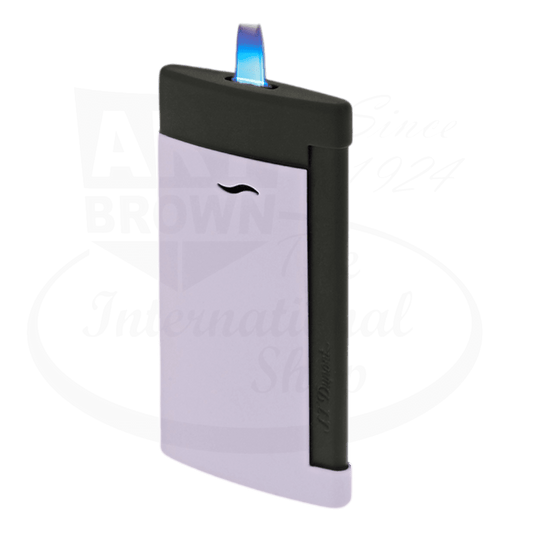 S.T. Dupont Slim 7 027762 lacquered matte black and lilac jet flame lighter with blue-tinted top, sleek rectangular design, ultra-thin profile