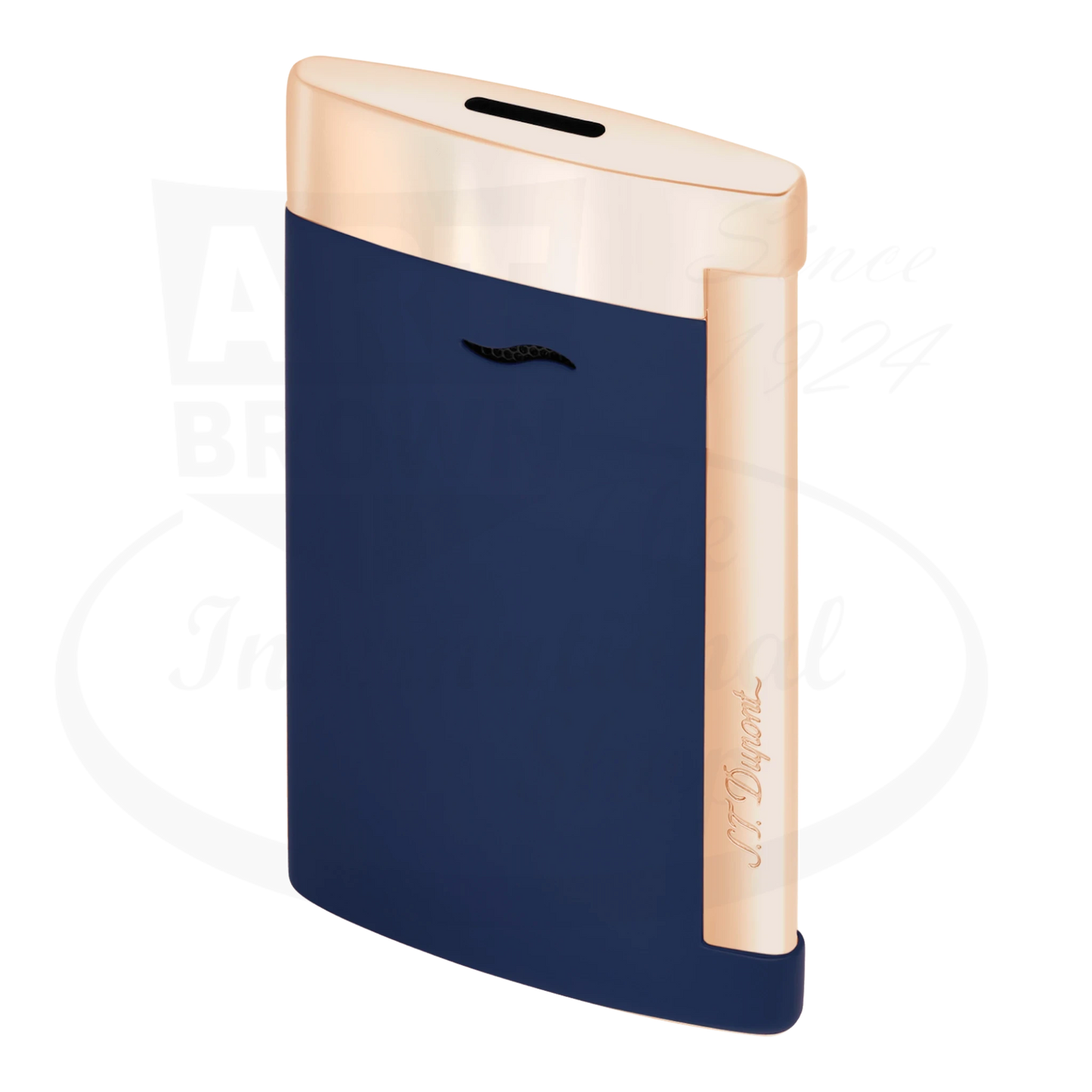 S.T. Dupont Slim 7 torch lighter with shiny blue lacquer finish and rose gold accents, seen from an angle.