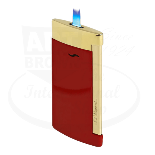 S.T. Dupont Slim 7 027774 chrome burgundy and gold luxury torch lighter with side-mounted igniter displaying blue flame, ultra-thin 7mm profile