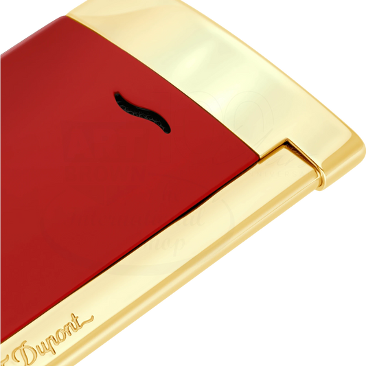 S.T. Dupont Slim 7 Burgundy and Golden Finish Lighter, 027774, slim rectangular metal casing with glossy burgundy and gold tones