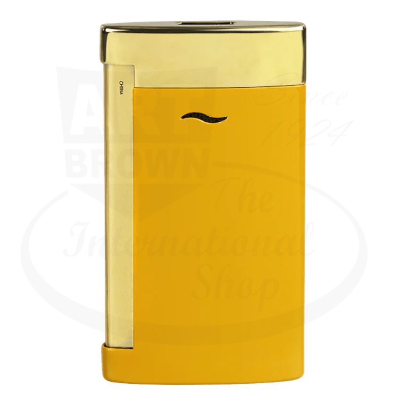 S.T. Dupont Slim 7 027775 chrome luxury lighter in honey gold and polished golden finish, ultra-thin rectangular design with side-mounted igniter