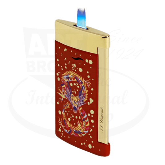 S.T. Dupont Slim 7 Dragon 027776 - Metal bordeaux and gold lighter featuring dragon motif design on red background with golden accents and blue flame