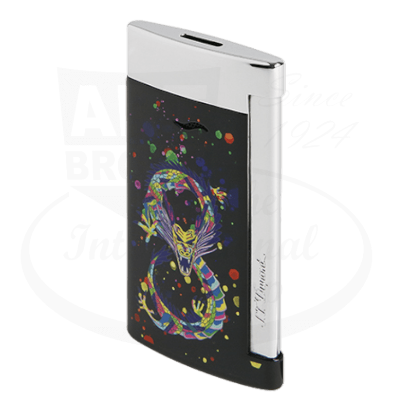 S.T. Dupont Slim 7 Dragon 027777 metal lighter in shiny black and chrome, featuring colorful anime-style dragon design against dark background