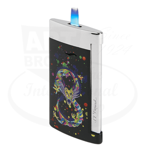 S.T. Dupont Slim 7 Dragon 027777 metal lighter in shiny black and chrome, featuring colorful dragon artwork with confetti design on sleek rectangular body