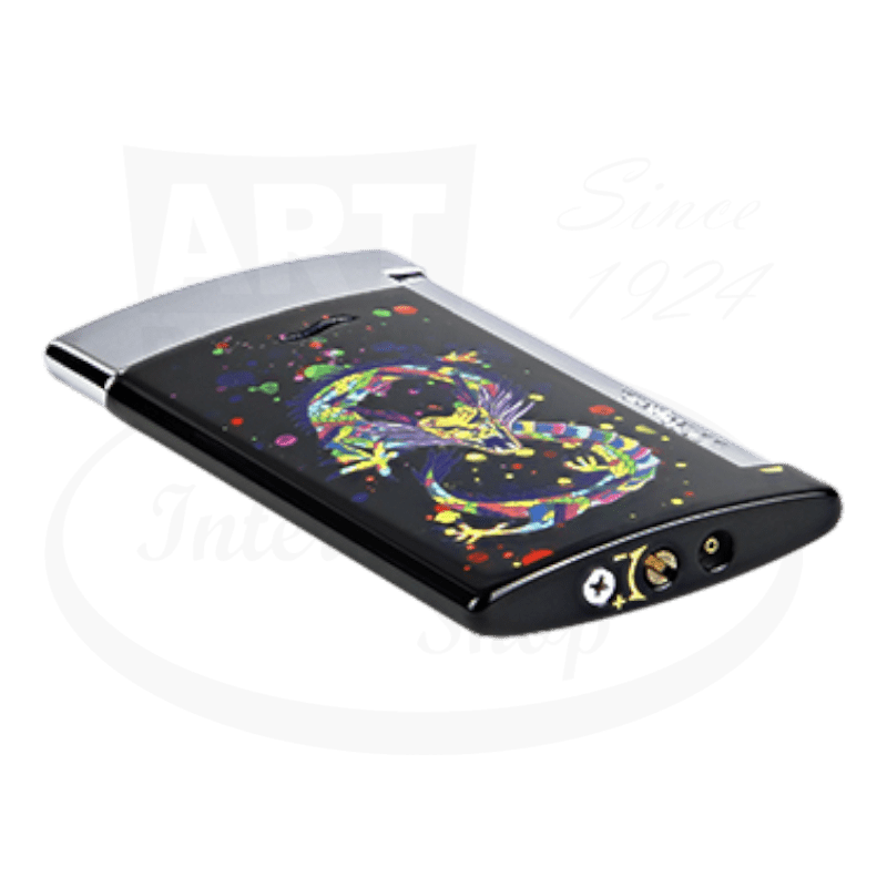 ST Dupont Slim 7 Dragon 027777 metal lighter in shiny black and chrome, featuring colorful dragon artwork on dark surface with confetti design