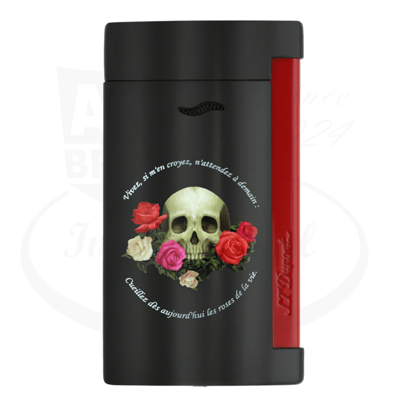 S.T. Dupont Slim 7 027794 black lacquered metal torch lighter featuring Memento Mori skull design with roses, red accents and engraved French quote