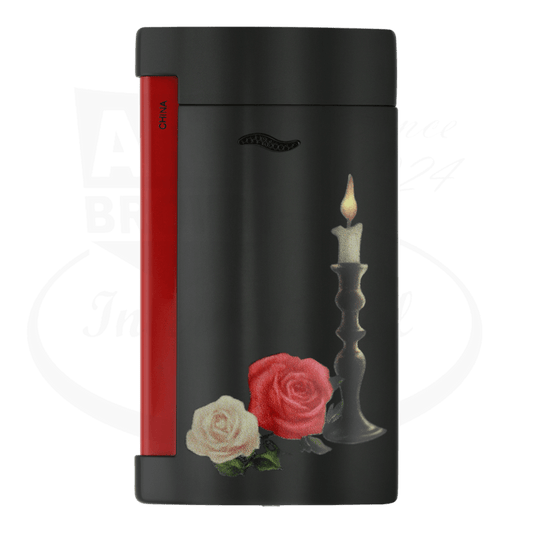 S.T. Dupont Slim 7 027794 black lacquered metal lighter featuring red and white roses with candle design from Memento Mori collection