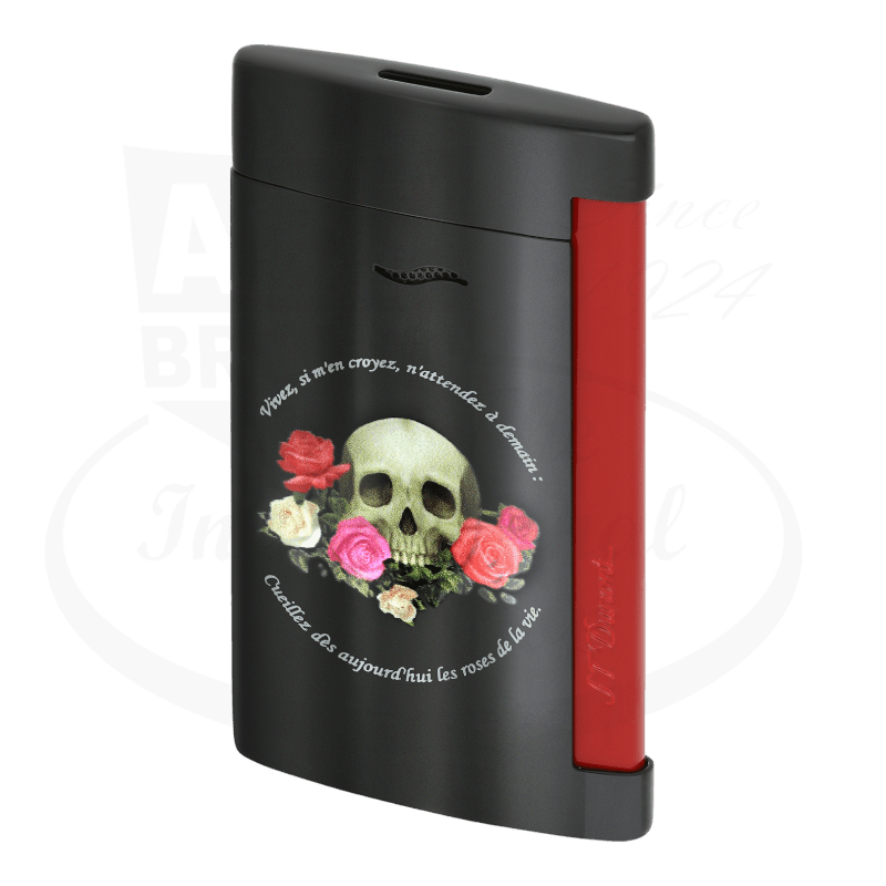 S.T. Dupont Slim 7 027794 Memento Mori black metal torch lighter featuring skull and roses design with red accent panel on side