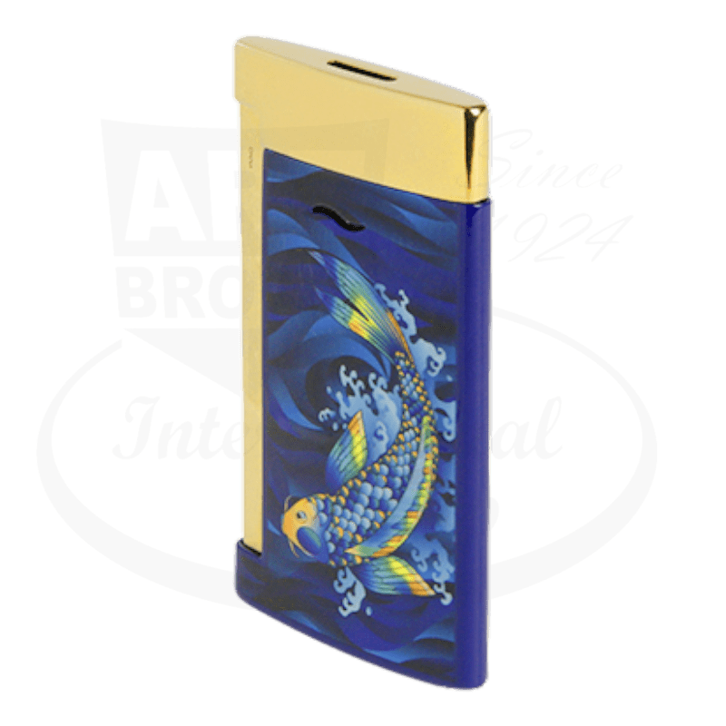 S.T. Dupont Slim 7 027797KF brass lighter in shiny gold with blue lacquer finish featuring Japanese koi fish woodblock art design on side panel