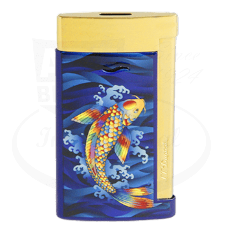 S.T. Dupont Slim 7 027797KF brass lighter featuring Japanese koi fish design in vibrant orange and blue waves against navy lacquer backdrop, gold-tone trim