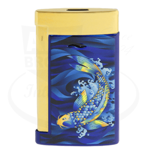 S.T. Dupont Slim 7 027797KF brass lighter featuring Japanese koi fish artwork in blue and gold against deep blue waves, decorative metal finish