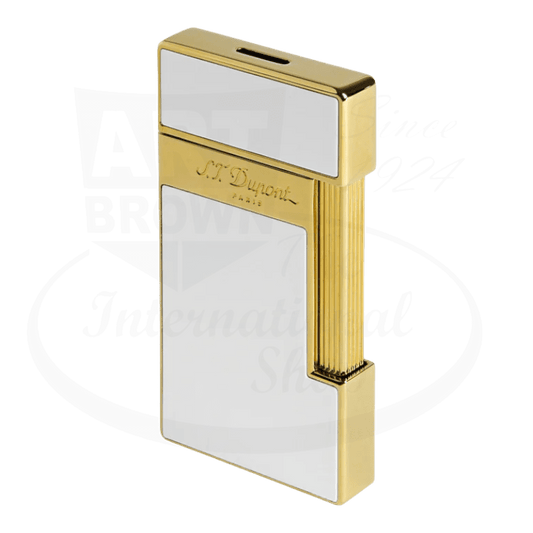 S.T. Dupont slimmy torch lighter with white lacquer and gold accents seen from the side