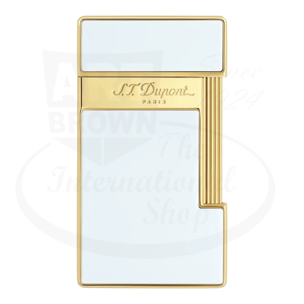 S.T. Dupont slimmy torch lighter with white lacquer and gold accents seen from the front